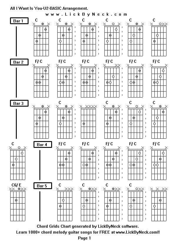 Chord Grids Chart of chord melody fingerstyle guitar song-All I Want Is You-U2-BASIC Arrangement,generated by LickByNeck software.